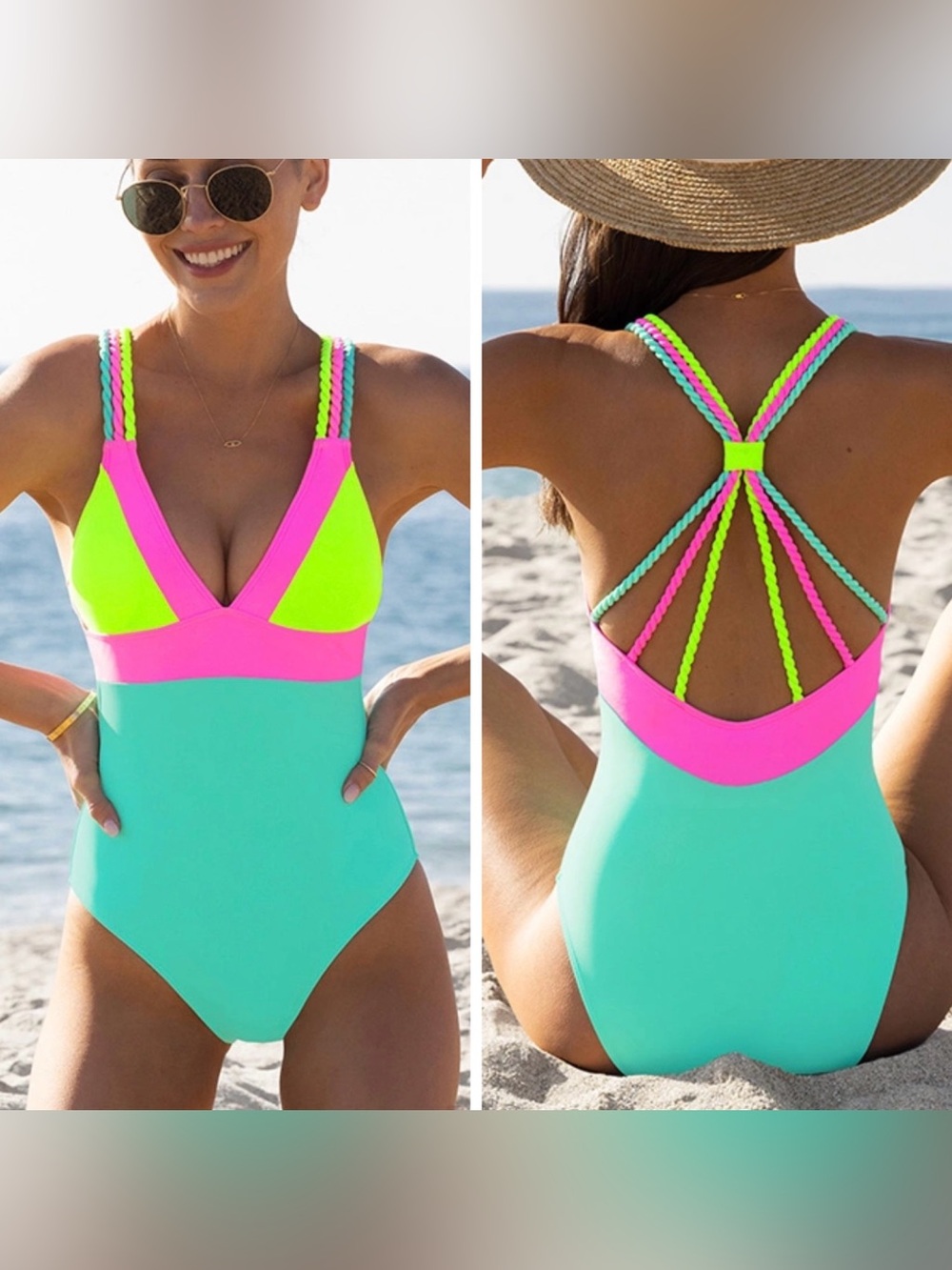 Popvil Color Block Patchwork Vacation One Piece Neon Colorful Size Large